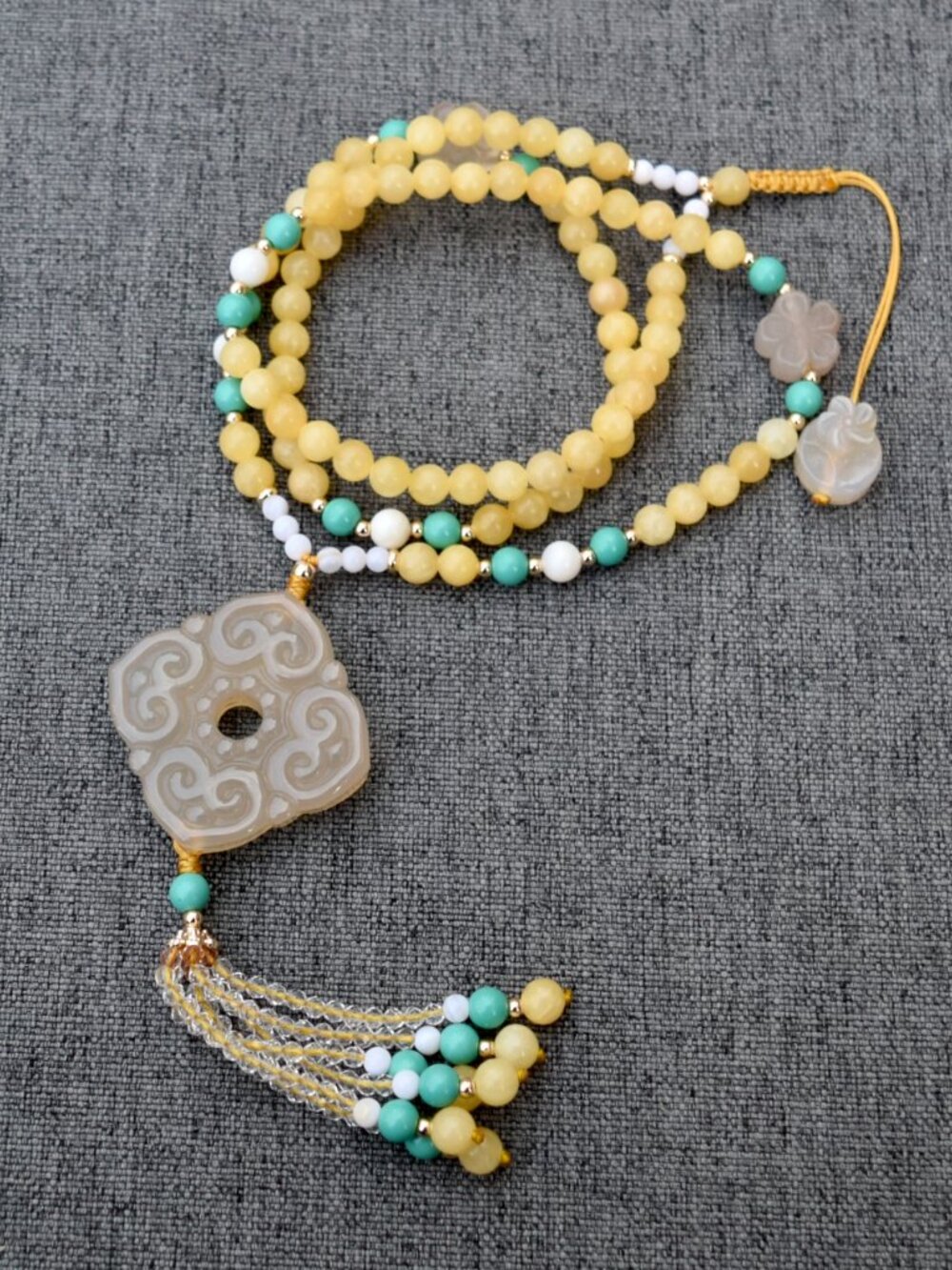 Agate Ruyi Flower Charm Yellow Jade Necklace